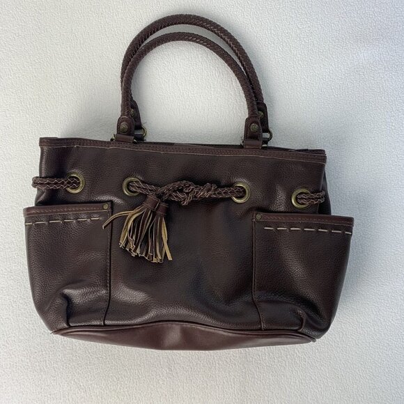 Relic Dark Brown Pebbled Leather Purse Braided Handles And Tassels - Picture 1 of 10